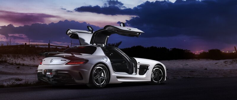White Sports Car — Dramatic, Sunset, Photograph, Car Door, Sand