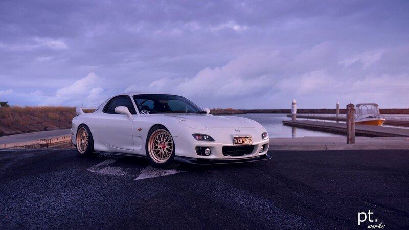 White Sports Car — Dramatic, Sunset, Photograph, Dock