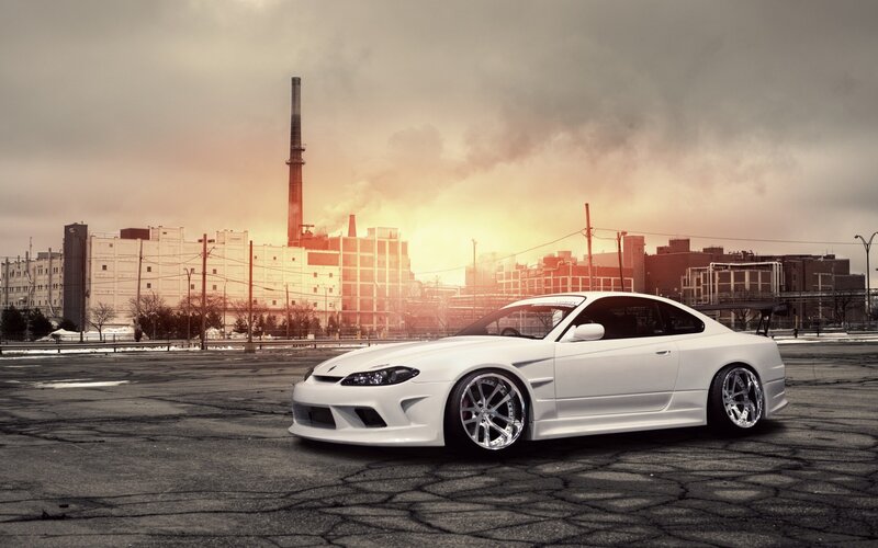 White Sports Car — Dramatic, Sunset, Photograph, Industrial Buildings