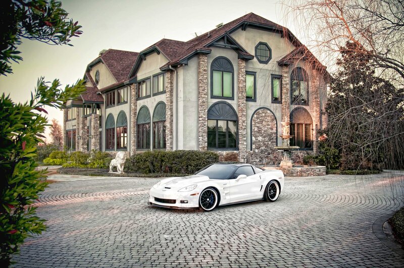 White Sports Car — Dramatic, Sunset, Photograph, Mansion, Driveway
