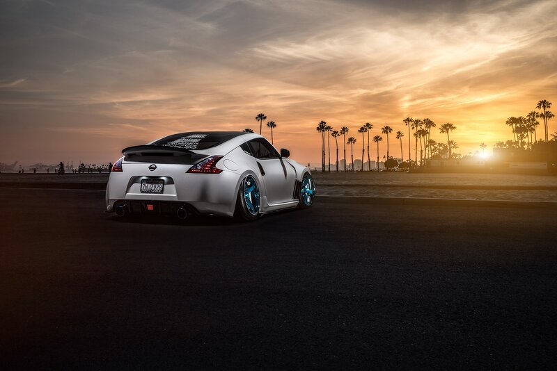 White Sports Car — Dramatic, Sunset, Photograph, Palm Trees, Beach