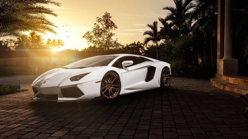 White Sports Car — Dramatic, Sunset, Photograph, Palm Trees, Driveway