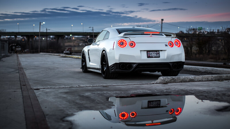 White Sports Car — Dramatic, Sunset, Photograph, Puddle