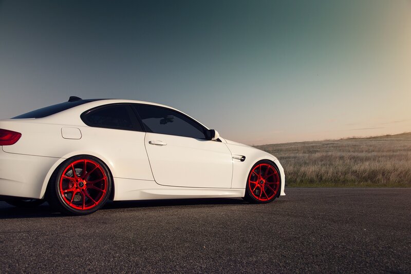 White Sports Car — Dramatic, Sunset, Photograph, Red Wheels