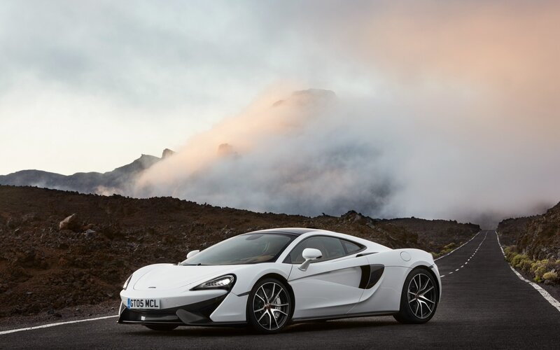 White Sports Car — Dramatic, Sunset, Photograph, Road, Mountain, Clouds