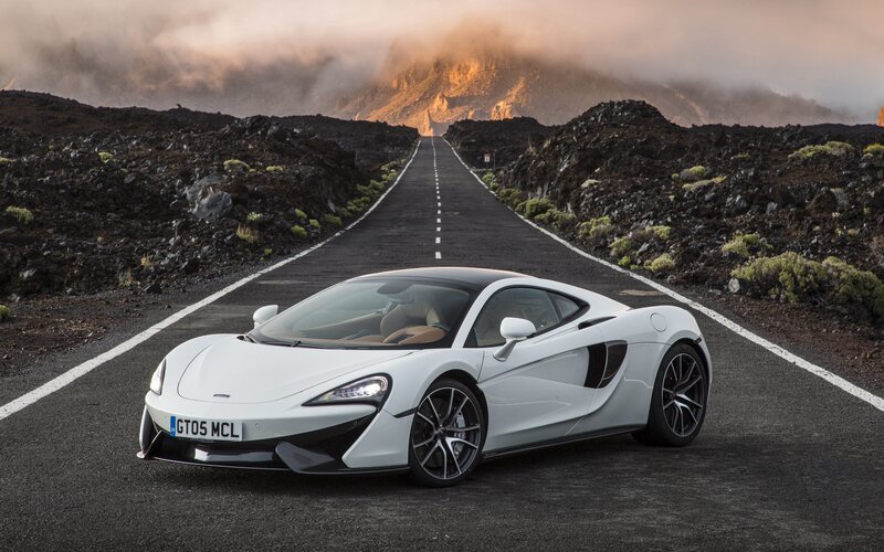White Sports Car — Dramatic, Sunset, Photograph, Road, Mountain, Volcanic Rock