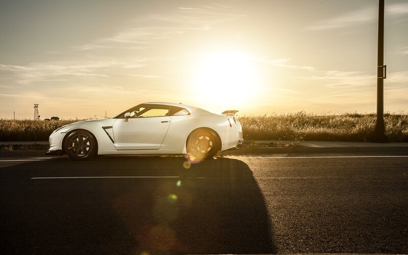 White Sports Car — Dramatic, Sunset, Photograph, Road, Sun