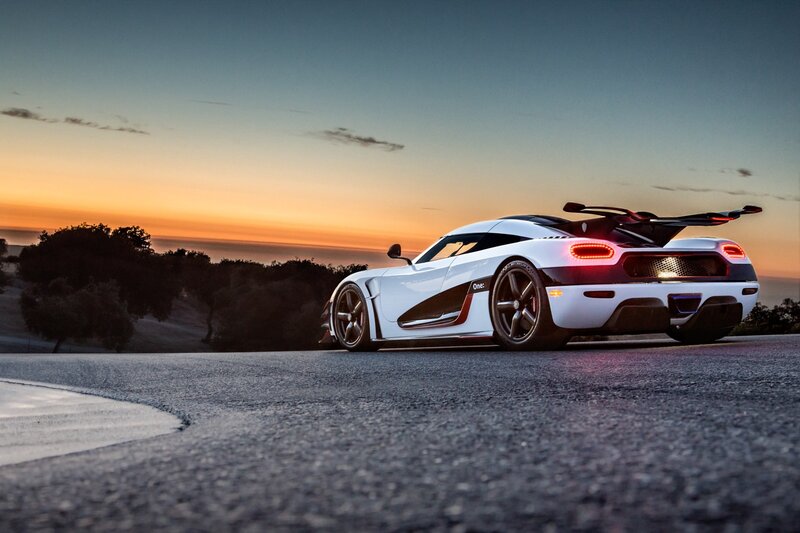 White Sports Car — Dramatic, Sunset, Photograph, Road, Trees, Sky