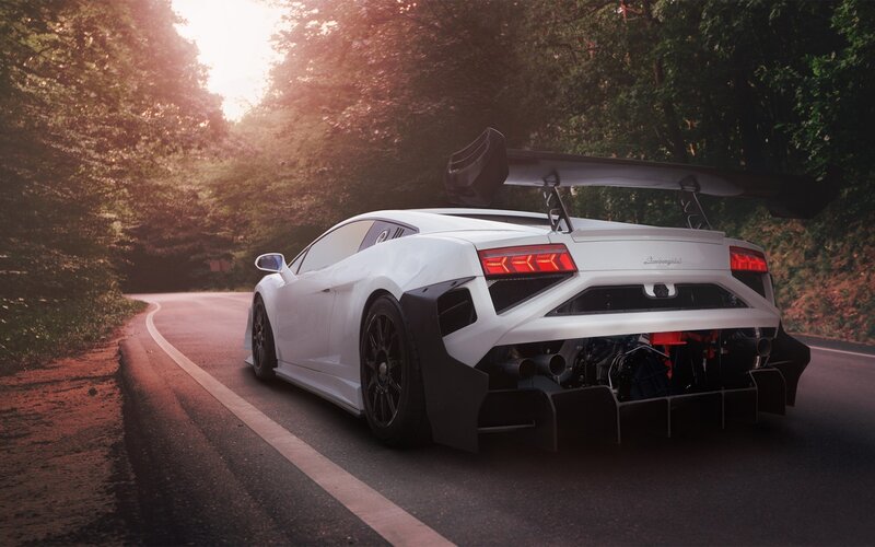 White Sports Car — Dramatic, Sunset, Photograph, Road, Trees, Sunlight