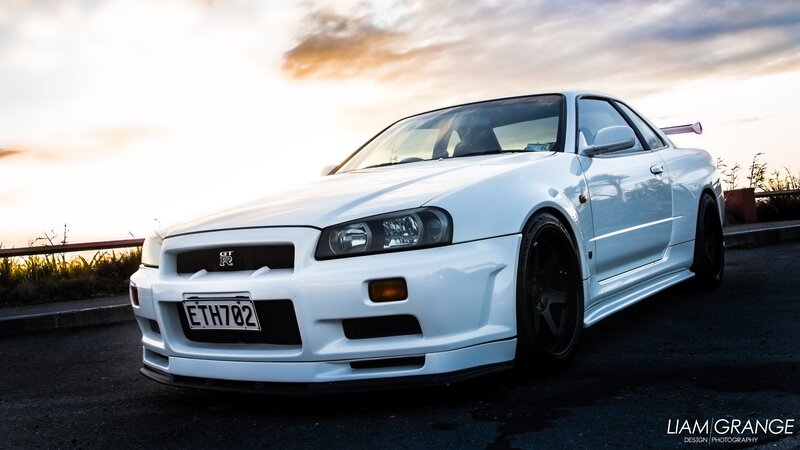 White Sports Car — Dramatic, Sunset, Photograph, Sky, Road