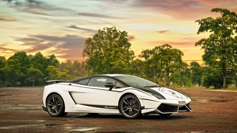 White Sports Car — Dramatic, Sunset, Photograph, Trees, Sky