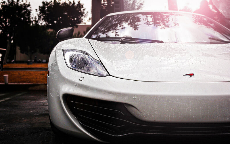White Sports Car — Dramatic, Sunset, Photograph, Trees