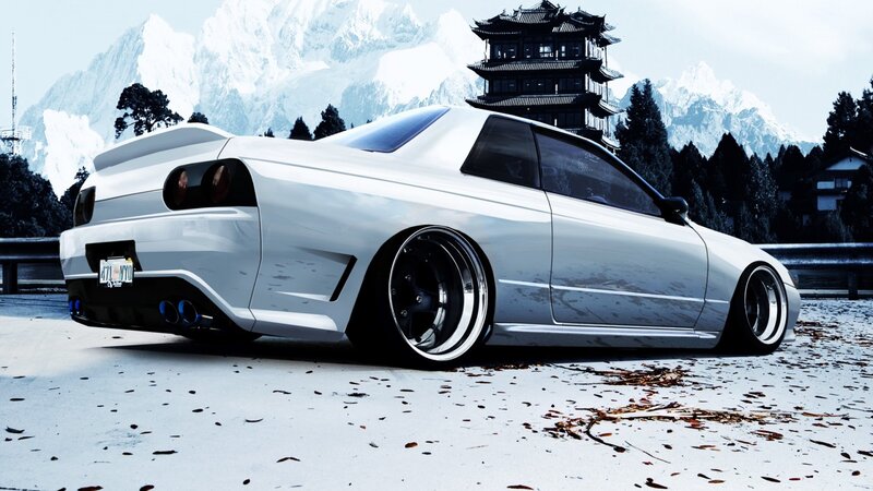 White Sports Car — Dramatic, Winter, Digital Art, Mountains