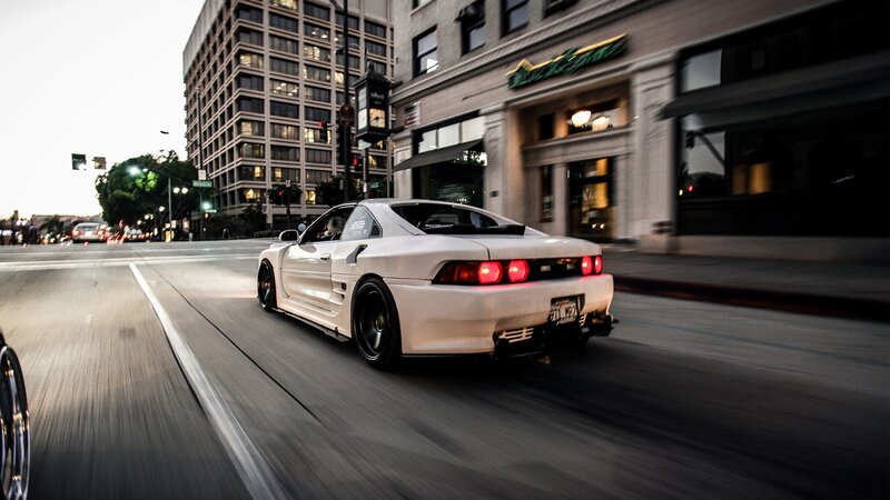 White Sports Car Driving — Dynamic, Sunset, Photograph