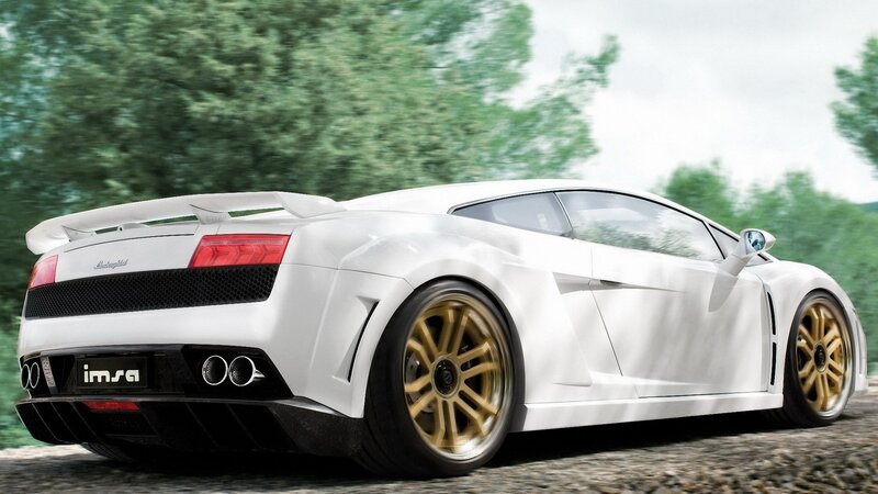 White Sports Car — Dynamic, Afternoon, 3d Render, Gold Wheels, Trees, Road, Black