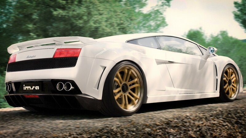 White Sports Car — Dynamic, Afternoon, 3d Render, Gold Wheels, Trees