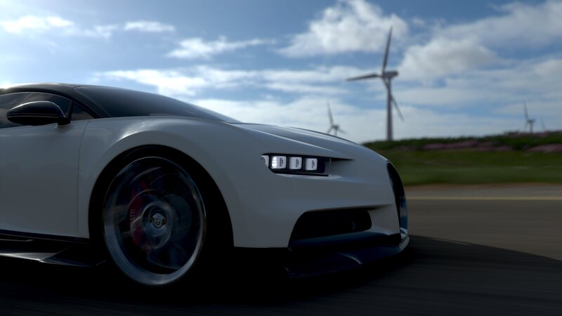 White Sports Car — Dynamic, Afternoon, 3d Render, Wind Turbines
