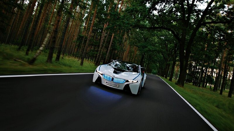 White Sports Car — Dynamic, Afternoon, Photograph, Road, Forest, Black, Green, I8 Concept