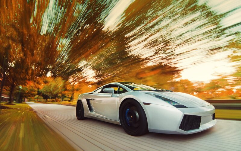 White Sports Car — Dynamic, Autumn, Photograph, Trees, Road