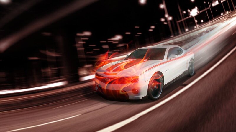 White Sports Car — Dynamic, Night, Digital Art, Flames