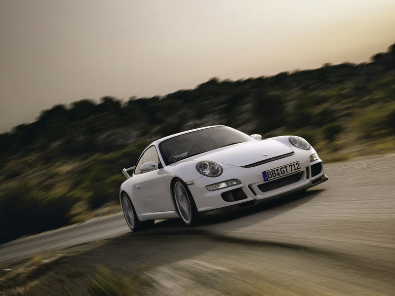 White Sports Car — Dynamic, Sunset, Photograph, Road, Trees, Green, Gray