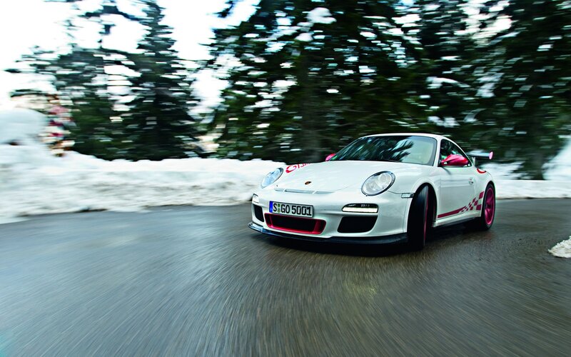 White Sports Car — Dynamic, Winter, Photograph, Snow, Trees, Road, Black
