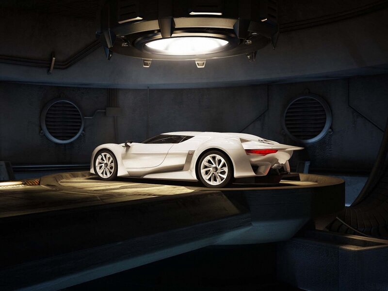 White sports car in a futuristic garage