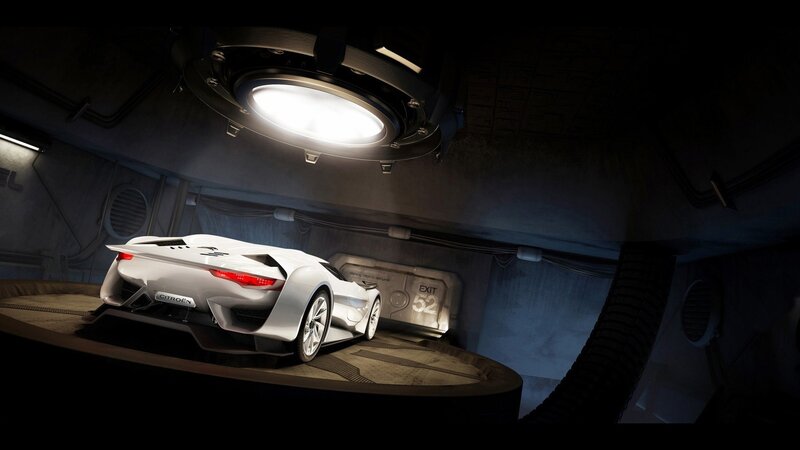 White sports car in a futuristic garage