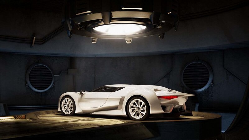 White sports car in a garage