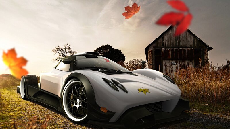 White sports car in autumn