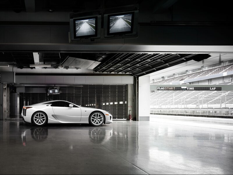 White sports car in garage