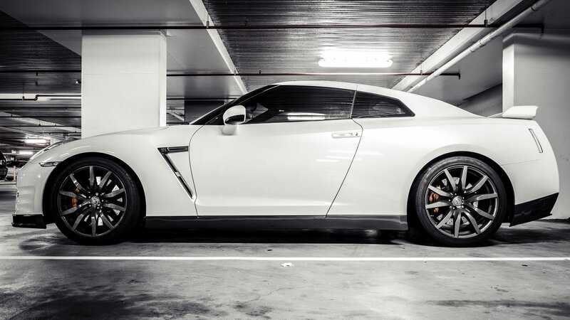 white sports car in garage