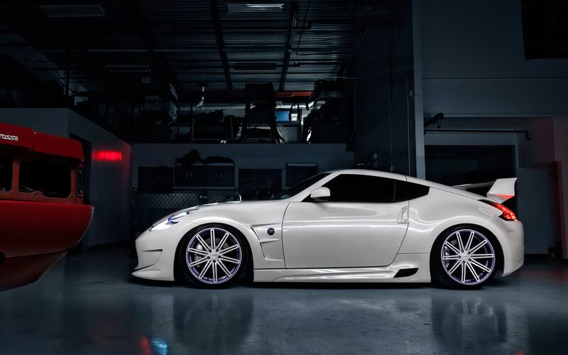 White sports car in garage