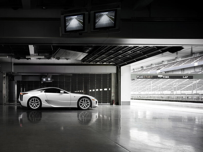 White sports car in garage