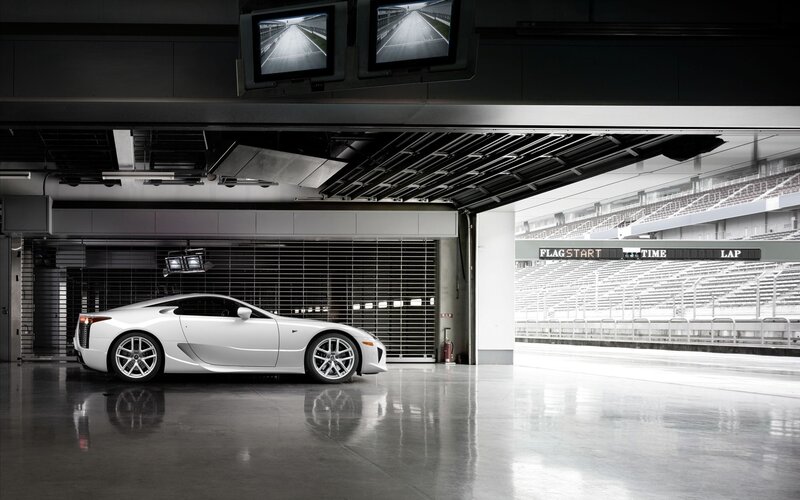 White sports car in garage