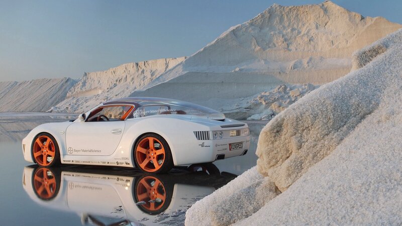 White sports car in salt mine