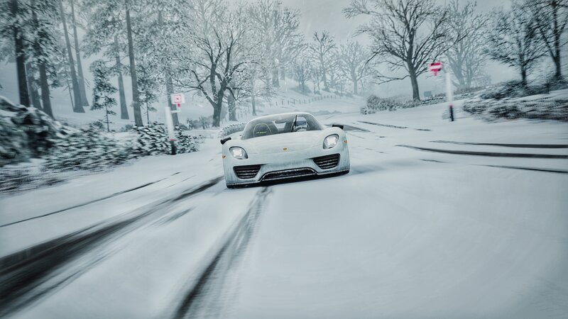 White Sports Car in Snow — Cold, Winter, 3d Render, Snow-covered Road