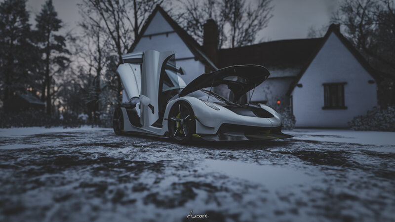 White Sports Car in Snow — Dramatic