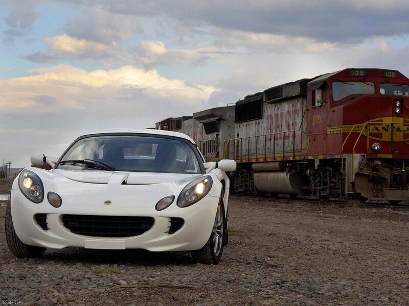White sports car near train