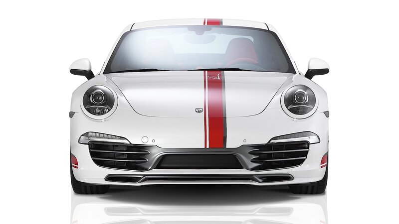 White Sports Car — Neutral, Photograph, Red Stripes, Headlights