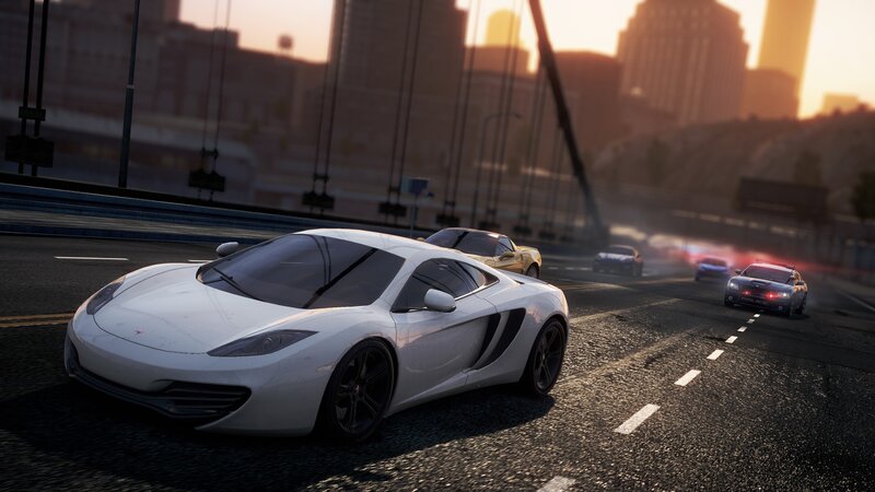 White sports car on a city bridge