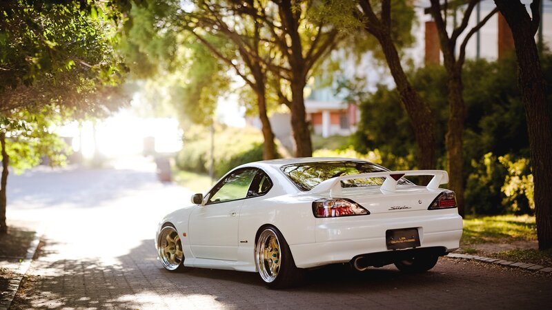 white sports car on a tree-lined street
