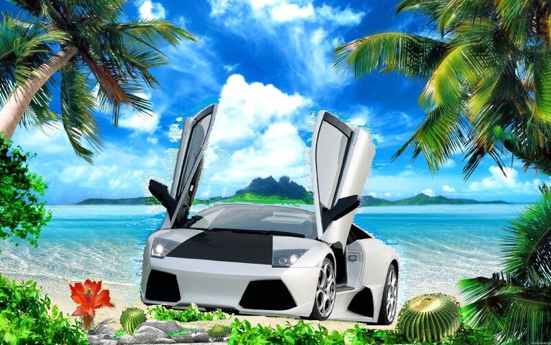 White Sports Car on Beach — Blue