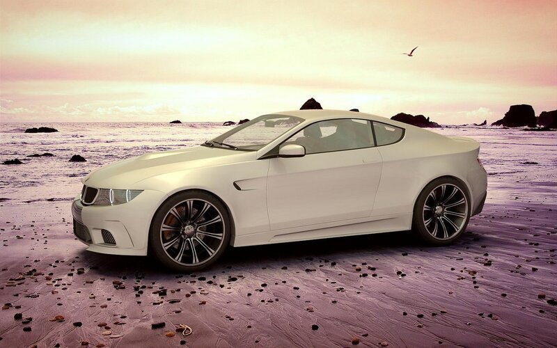 White Sports Car on Beach — Serene, Sunset