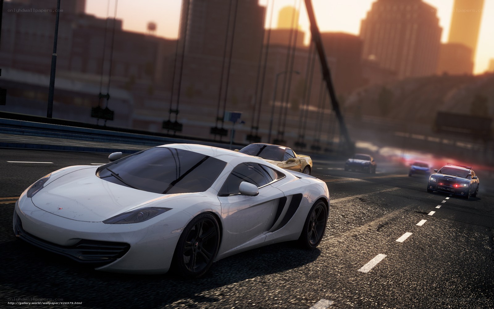 White sports car on city bridge