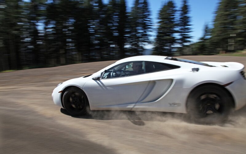 White sports car on dirt road