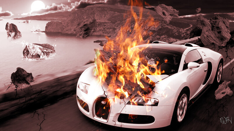 White Sports Car on Fire