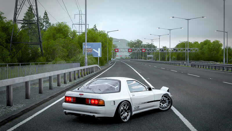 White Sports Car on Highway — Gray, Overcast