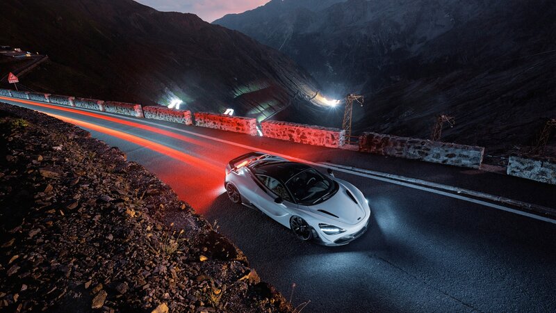 White Sports Car on Mountain Road — Black