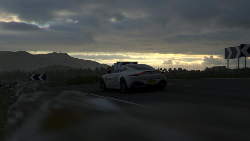 White Sports Car on Road — Gray, Dramatic, Sunset, 3d Render, Mountains